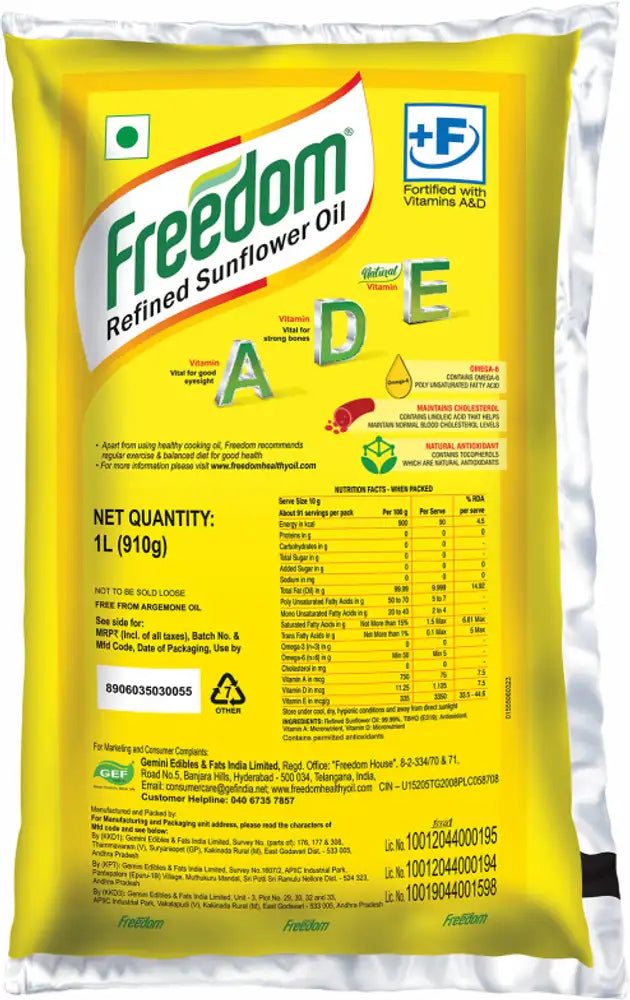 Freedom Refined Sunflower Oil, 1 L Pouch
